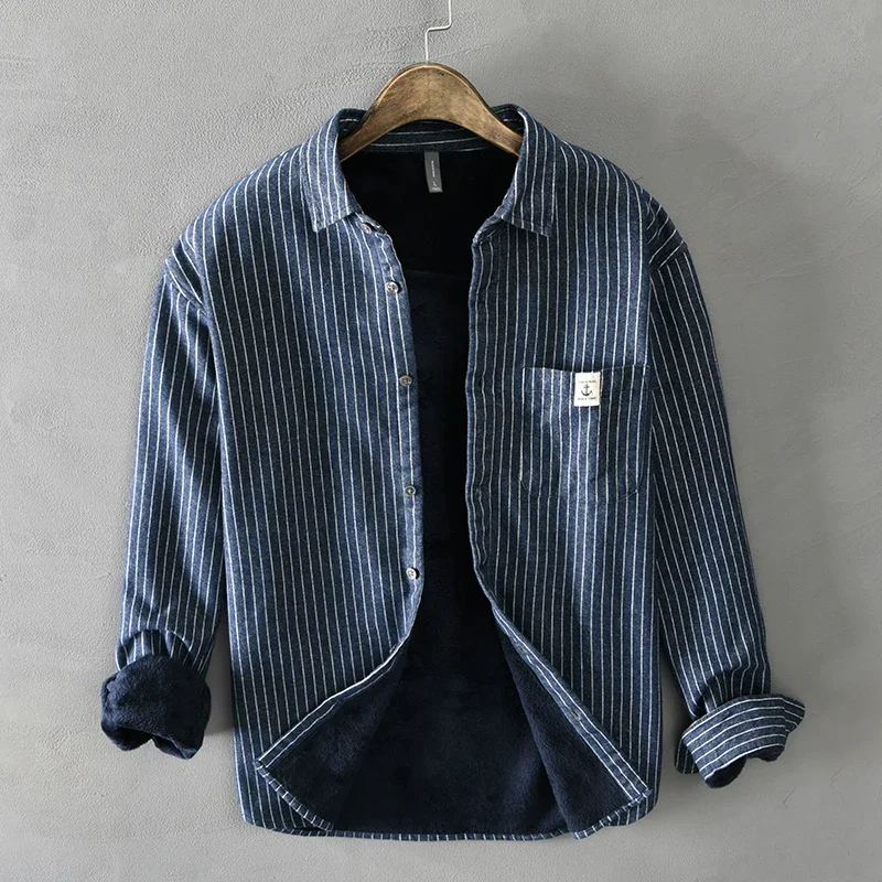 Flannel Shirt Lined - 男性の冬のファッションフリース裏地暖かい厚い古典的なストライプシャツ男性長袖ラペル起毛カジュアルレトロトップス服