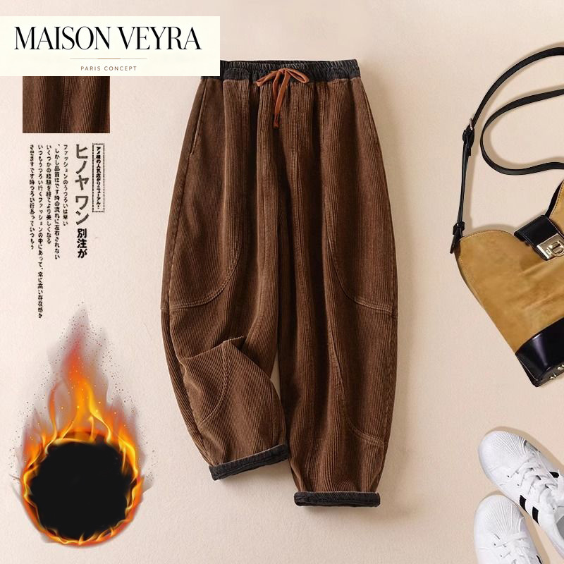 Corduroy Pant Warm - コーデュロイハーレムパンツ女性の秋と冬の新しい韓国ファッションパッド入りで厚みのある暖かい巾着ハイウエストパンツカジュアル
