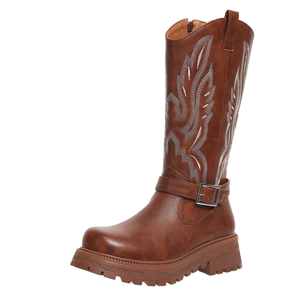Waterproof Winter Boot - 女性ニーハイブーツ厚いヒールラウンドトゥ防水インナージップ刺繍快適なプラットフォームウエスタンカウボーイブーツ 862-8