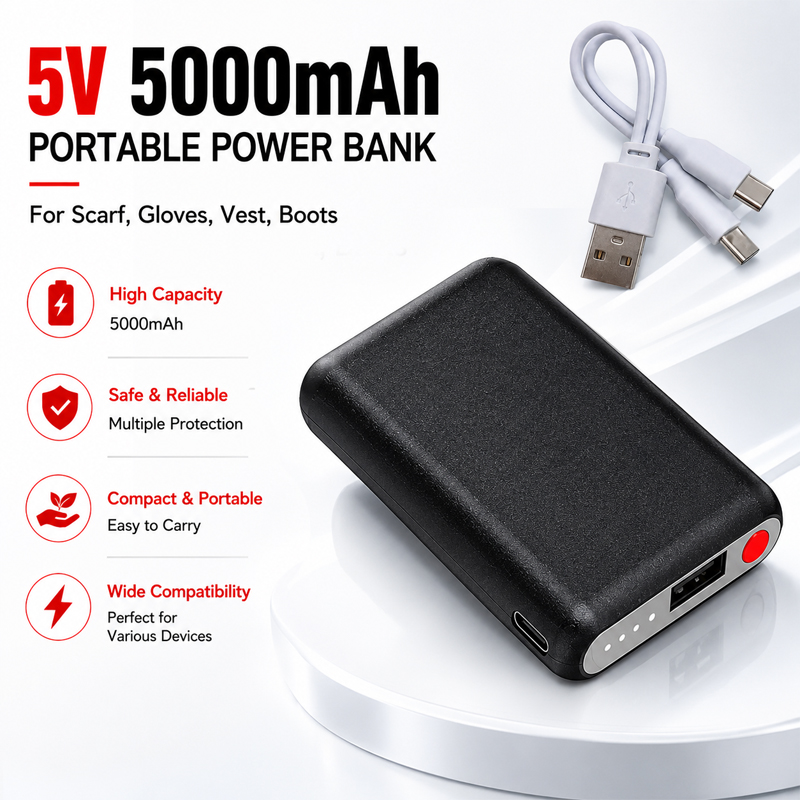 Heated Vest Battery - 5V 5000mAh ヒーテッドグローブ用バッテリーパワーバンク、モバイルパワー、充電式、ヒーティングベスト、ヒーティングソックス、冬のアウトドア用バッテリー