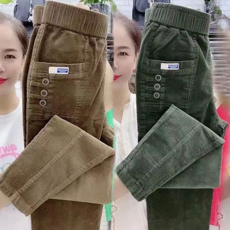 Corduroy Pant Warm - 女性暖かい春冬ボタンポケットフリルヴィンテージビッグ大プラスサイズカジュアルパーティーファッションルーズパンツ