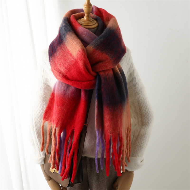 Wool Scarf Men - 新作秋冬グリッドスカーフ 女性用 240*38cm 男性用 厚手暖かいスカーフ レインボータッセルショール