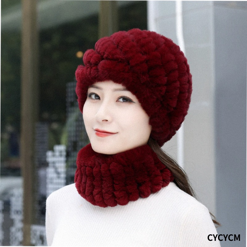 Knit Beanie Hat Warm - 2026年女性用本物のレックスラビットファーハットスカーフセット、天然の暖かいレックスラビットファースカーフ、帽子、冬用レディース本物のレックスラビットファーハットスカーフ