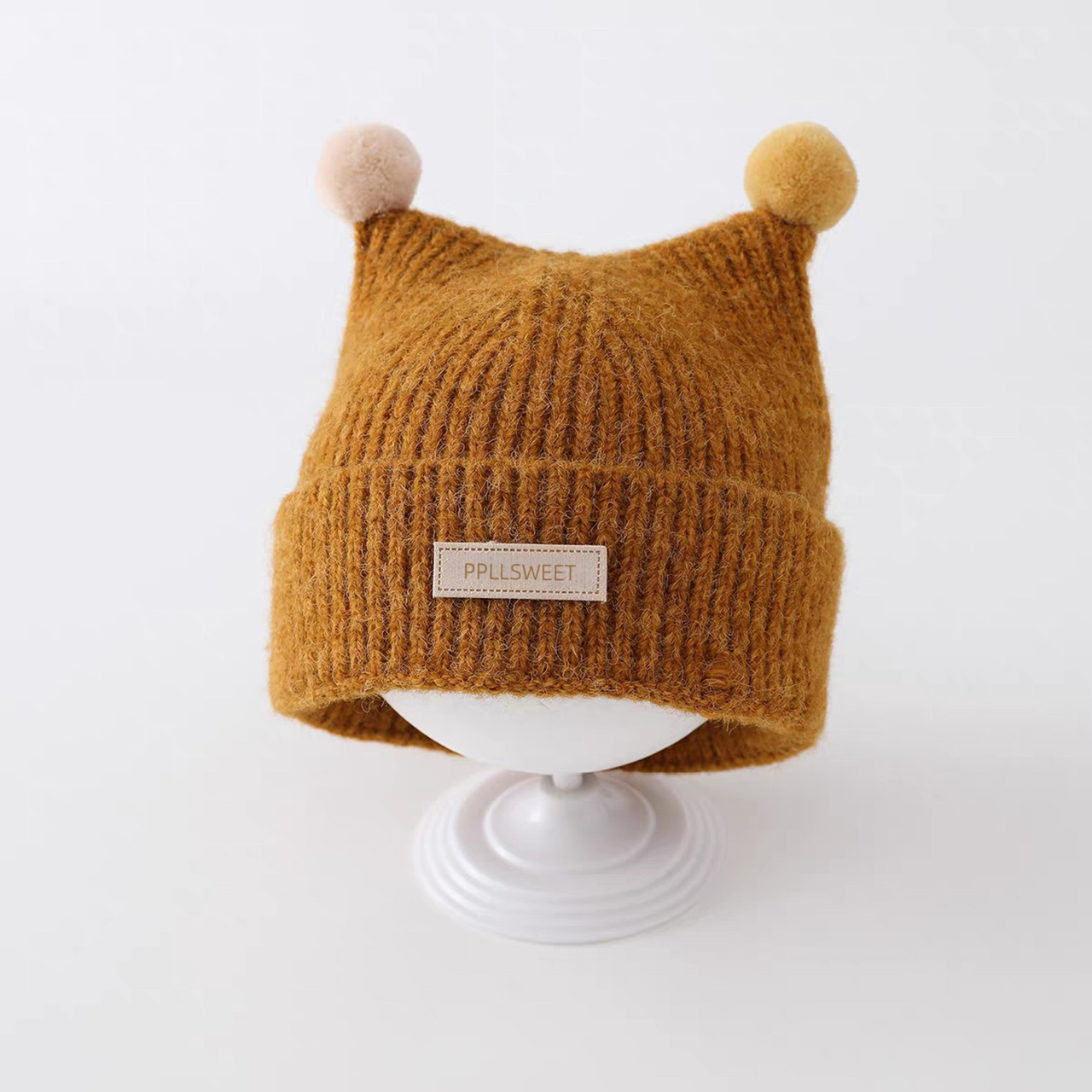 1-4 年ベビーニット帽子かわいいダブルぬいぐるみボールプル - Knit Beanie Hat Warm のレビューと価格